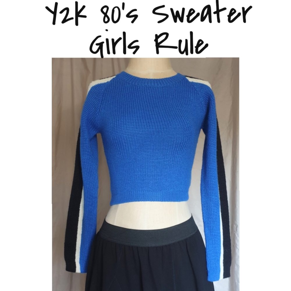 Y2K Girls Rule 80's Skater Cropped Cobalt Blue Sweater w/ Long Stripe Sleeves Lg